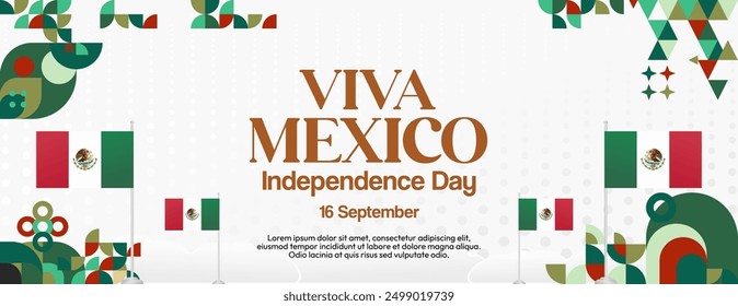 Mexico National Day Banner. Modern geometric abstract background in colorful style for Viva Mexico. Mexican Independence greeting card cover with text. Happy Mexico Independence day to celebrate