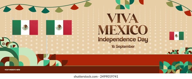 Mexico National Day Banner. Modern geometric abstract background in colorful style for Viva Mexico. Mexican Independence greeting card cover with text. Happy Mexico Independence day to celebrate