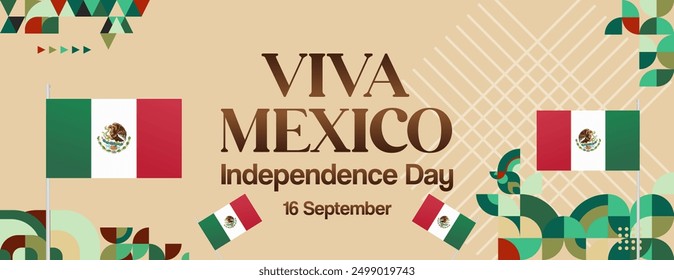 Mexico National Day Banner. Modern geometric abstract background in colorful style for Viva Mexico. Mexican Independence greeting card cover with text. Happy Mexico Independence day to celebrate