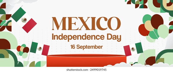 Mexico National Day Banner. Modern geometric abstract background in colorful style for Viva Mexico. Mexican Independence greeting card cover with text. Happy Mexico Independence day to celebrate