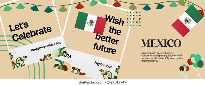 Mexico National Day Banner. Modern geometric abstract background in colorful style for Viva Mexico. Mexican Independence greeting card cover with text. Happy Mexico Independence day to celebrate