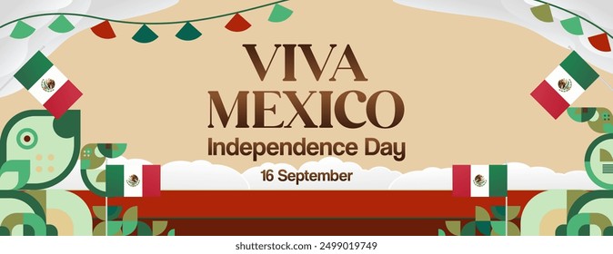 Mexico National Day Banner. Modern geometric abstract background in colorful style for Viva Mexico. Mexican Independence greeting card cover with text. Happy Mexico Independence day to celebrate