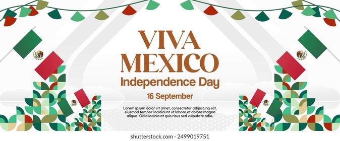 Mexico National Day Banner. Modern geometric abstract background in colorful style for Viva Mexico. Mexican Independence greeting card cover with text. Happy Mexico Independence day to celebrate