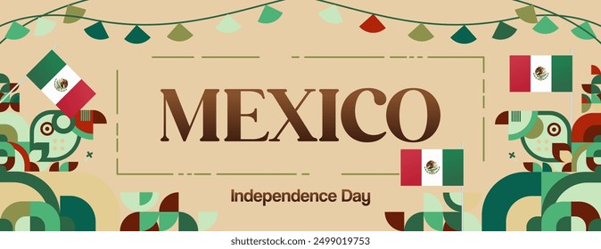 Mexico National Day Banner. Modern geometric abstract background in colorful style for Viva Mexico. Mexican Independence greeting card cover with text. Happy Mexico Independence day to celebrate