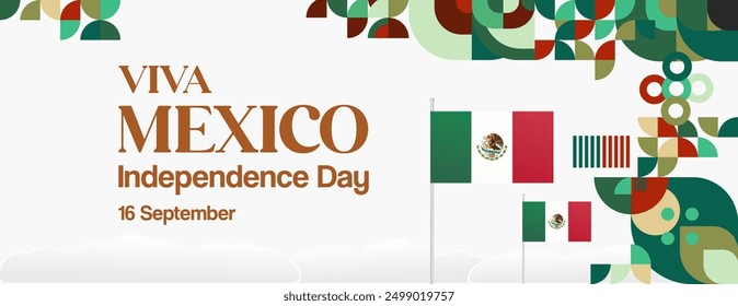 Anuncio del Día Nacional de México. Fondo abstracto geométrico moderno en estilo colorido para Viva México. Tarjeta de felicitación de la Independencia Mexicana cubierta con texto. Feliz Día de la Independencia de México