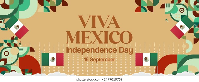 Mexico National Day Banner. Modern geometric abstract background in colorful style for Viva Mexico. Mexican Independence greeting card cover with text. Happy Mexico Independence day to celebrate