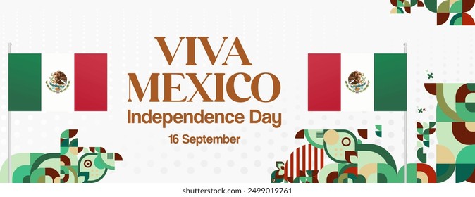 Mexico National Day Banner. Modern geometric abstract background in colorful style for Viva Mexico. Mexican Independence greeting card cover with text. Happy Mexico Independence day to celebrate