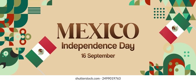 Mexico National Day Banner. Modern geometric abstract background in colorful style for Viva Mexico. Mexican Independence greeting card cover with text. Happy Mexico Independence day to celebrate