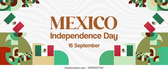 Mexico National Day Banner. Modern geometric abstract background in colorful style for Viva Mexico. Mexican Independence greeting card cover with text. Happy Mexico Independence day to celebrate