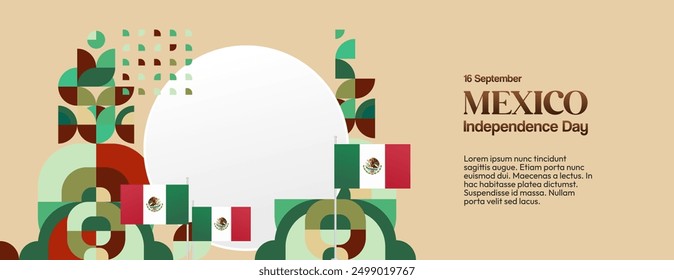 Anuncio del Día Nacional de México. Fondo abstracto geométrico moderno en estilo colorido para Viva México. Tarjeta de felicitación de la Independencia Mexicana cubierta con texto. Feliz Día de la Independencia de México