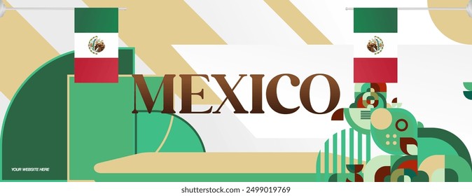 Mexico National Day Banner. Modern geometric abstract background in colorful style for Viva Mexico. Mexican Independence greeting card cover with text. Happy Mexico Independence day to celebrate