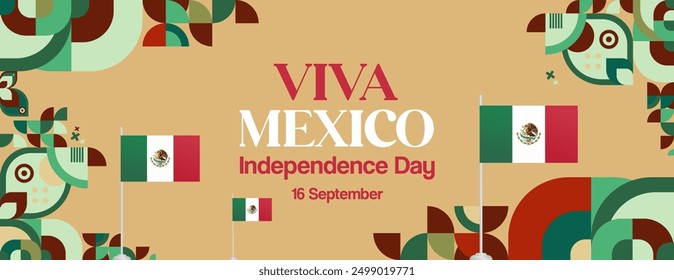 Mexico National Day Banner. Modern geometric abstract background in colorful style for Viva Mexico. Mexican Independence greeting card cover with text. Happy Mexico Independence day to celebrate