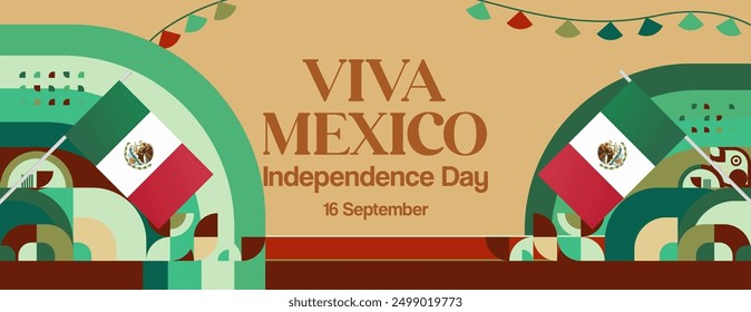 Anuncio del Día Nacional de México. Fondo abstracto geométrico moderno en estilo colorido para Viva México. Tarjeta de felicitación de la Independencia Mexicana cubierta con texto. Feliz Día de la Independencia de México