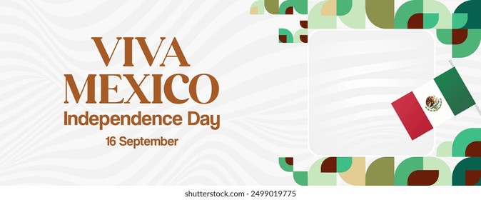 Mexico National Day Banner. Modern geometric abstract background in colorful style for Viva Mexico. Mexican Independence greeting card cover with text. Happy Mexico Independence day to celebrate