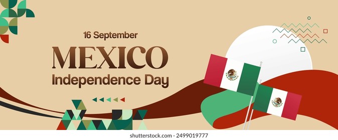 Mexico National Day Banner. Modern geometric abstract background in colorful style for Viva Mexico. Mexican Independence greeting card cover with text. Happy Mexico Independence day to celebrate