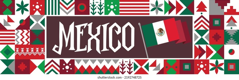 Mexico National day banner with retro abstract geometric shapes icons. Mexico flag. Red green Mexican colors scheme. Vector Illustration.