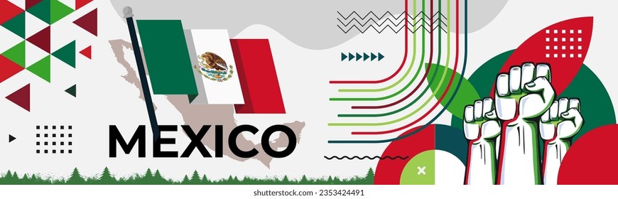 Mexico National day banner with retro abstract geometric shapes. Mexico flag and map. Red green Mexican colors scheme with raised hands or fists. Mexico Vector Illustration.