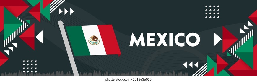Mexico National day banner with retro abstract geometric shapes. Mexico flag. Red green Mexican colors scheme. Mexico city celebration vector Illustration.