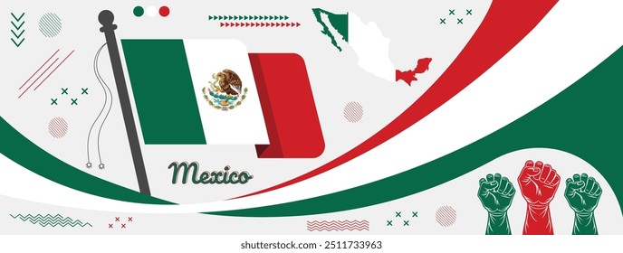 Dia Nacional do México, Bandeira do México e mapa com punhos levantados, Bandeira do dia da independência do México, povo do México