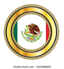 Mexico national flag button with a gold metal rope circular border over a white background