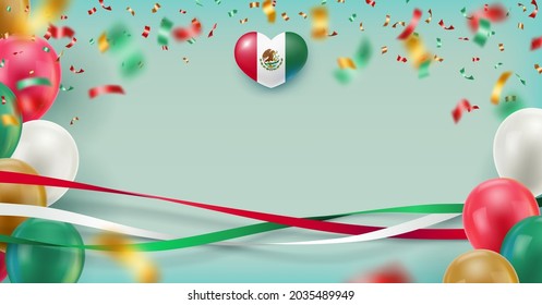 Mexico national holiday banner with space for text. Happy Independence Day of Mexico festive poster, card, flyer with inflatable balloons and flying confetti horizontal realistic vector illustration