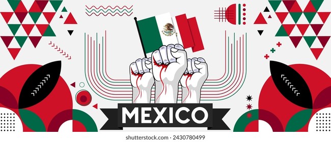 Mexico national or independence day banner for country celebration. Flag of Mexico with raised fists. Modern retro design with typorgaphy abstract geometric icons. Vector illustration.