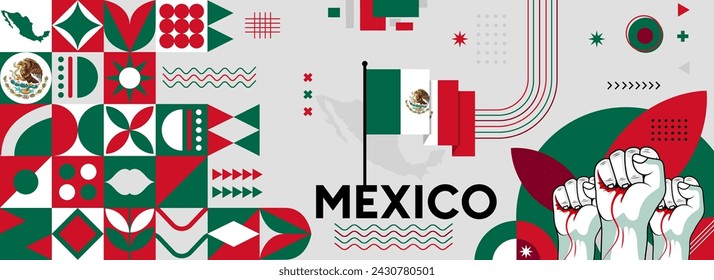 Banner del Día Nacional de la Independencia de México para la celebración del país. Bandera y mapa de México con los puños en alto. Diseño retro moderno con tipografía abstracta iconos geométricos. Ilustración de vector	