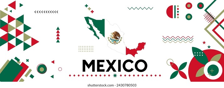 Banner del Día Nacional de la Independencia de México para la celebración del país. Bandera y mapa de México con diseño retro moderno con tipografía abstracta iconos geométricos. Ilustración vectorial.