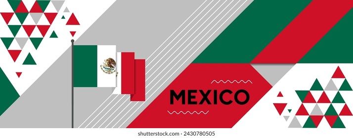 Diseño de banner del Día Nacional de la Independencia de México para la celebración del país. Bandera de México con diseño retro moderno e iconos geométricos abstractos. Ilustración de vector
