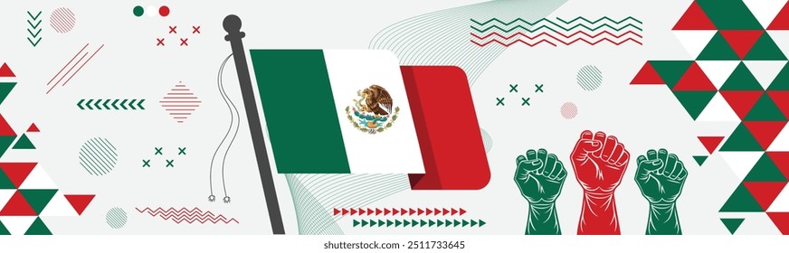 Mexico national or independence day, Mexico flag with raised fists, Mexico day Abstract retro banner, Mexico people