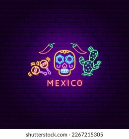 Mexico Neon Label. Vector Illustration of Hispanic Religion Holiday Glowing Led Electric Light.