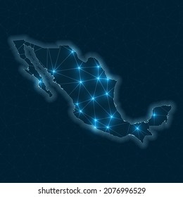 Mexico network map. Abstract geometric map of the country. Digital connections and telecommunication design. Glowing internet network. Stylish vector illustration.