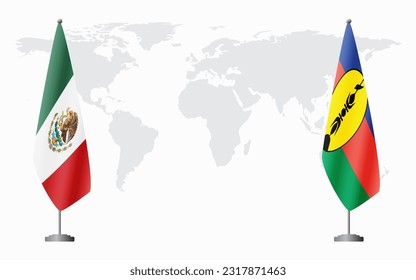 Mexico and New Caledonia flags for official meeting against background of world map.