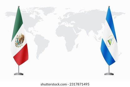 Mexico and Nicaragua flags for official meeting against background of world map.