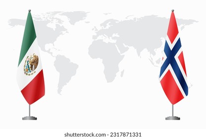 Mexico and Norway flags for official meeting against background of world map.