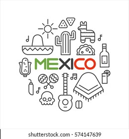 Mexico Object Lin Icons Vector Illustration Flat Design