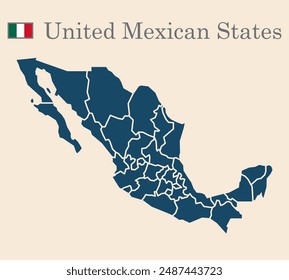 mexico old style map with flag, vector illustration, isolated on beige background 10 eps