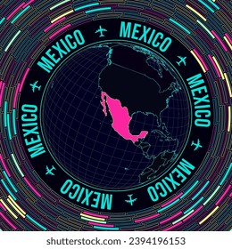 Mexico on globe. Satelite view of the world centered to Mexico. Bright neon style. Futuristic radial bricks background. Astonishing vector illustration.