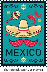 mexico ornament vector design, hat, maracas, and chili