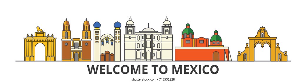 Mexico outline skyline, mexican flat thin line icons, landmarks, illustrations. Mexico cityscape, mexican travel city vector banner. Urban silhouette