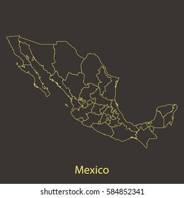 Mexico outline,stroke of map with administrative division. Vector illustration