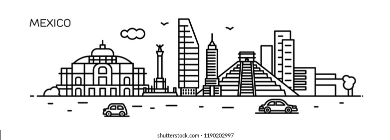 Mexico panorama city. Flat line style. For banner, presentation, cards, web page. Vector illustration