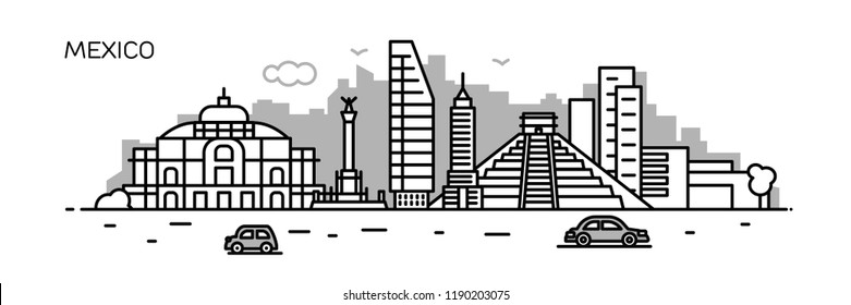 Mexico panorama city. Flat line style. For banner, presentation, cards, web page. Vector illustration