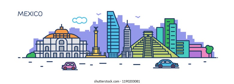 Mexico panorama city. Flat line style. For banner, presentation, cards, web page. Vector illustration