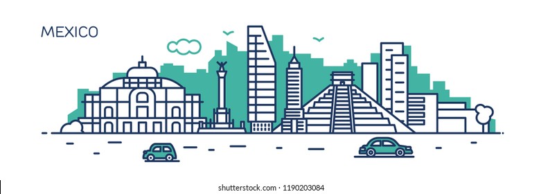 Mexico panorama city. Flat line style. For banner, presentation, cards, web page. Vector illustration