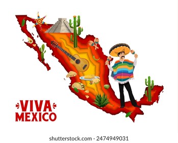 Mexico paper cut map with national cuisine, mariachi musician and cactuses. Vector country geography border with latino man in sombrero, mustaches wears poncho play maracas, tacos, pyramid and pinata