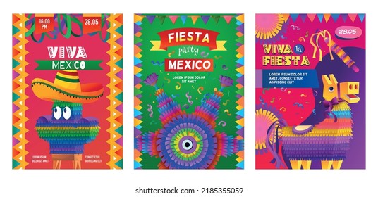 Mexico party flyers. Cinco invitations. Mexican horse pinata and colorful confetti. Latin holiday posters set. Traditional Mayo carnival. Fiesta celebration. Vector design template