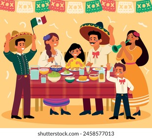 Mexico party, vector Mexican family at the table, celebrating national holiday, tequila, tacos, toast, pozole