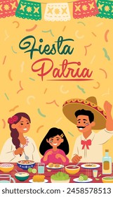 Fiesta de México, Vector de la familia mexicana en la mesa, celebración de la fiesta nacional, tequila, tacos, tostadas, pozole