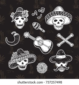 Mexico Patch Badges. Dia de los Muertos. Day of the Dead. Mexican Holiday Symbols Stickers: Mexican Skulls, Marigold Flower, Guitar, Maraca, Chili Pepper, Bones. Vector Set 